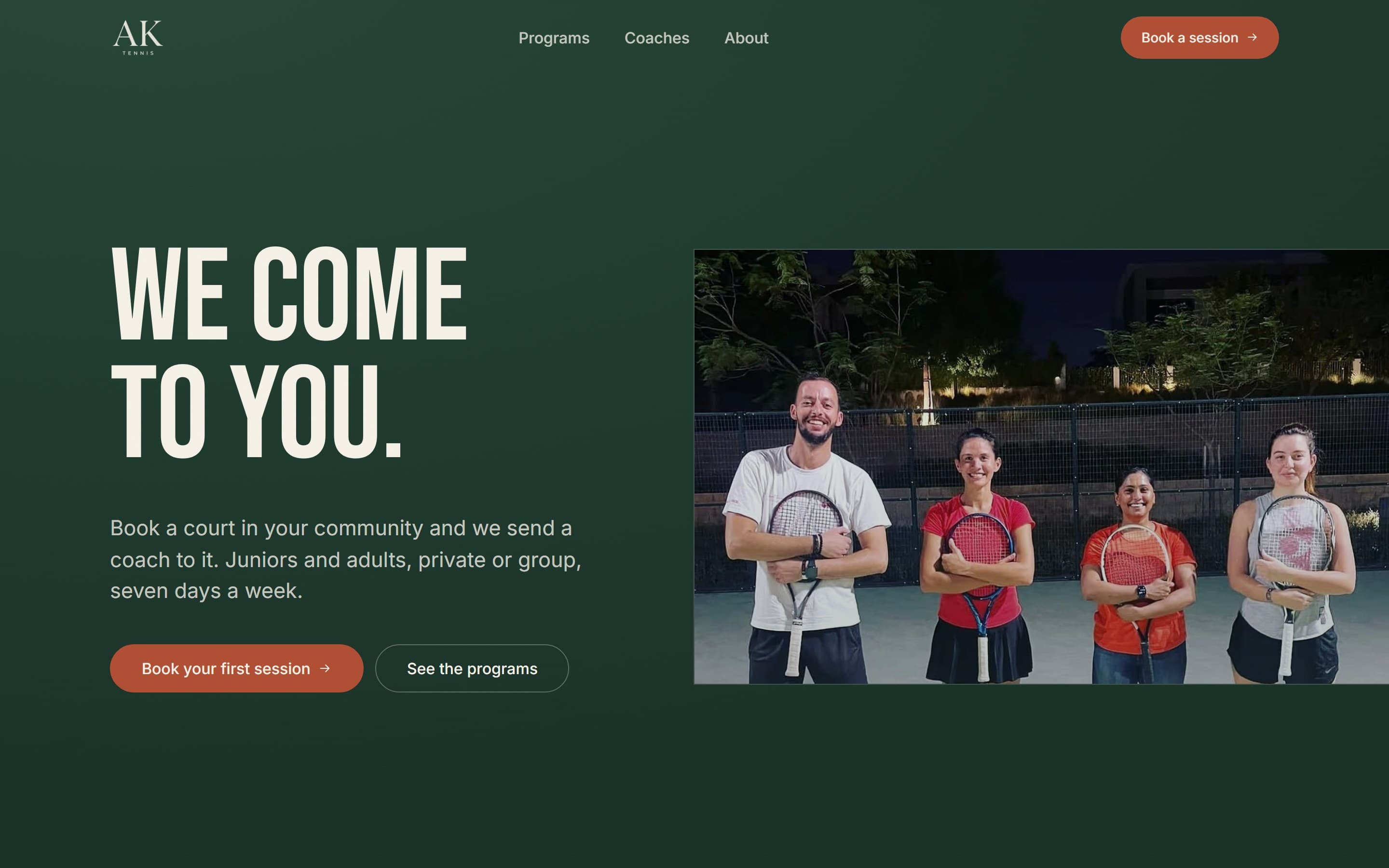 Screenshot of the AK Tennis Academy website